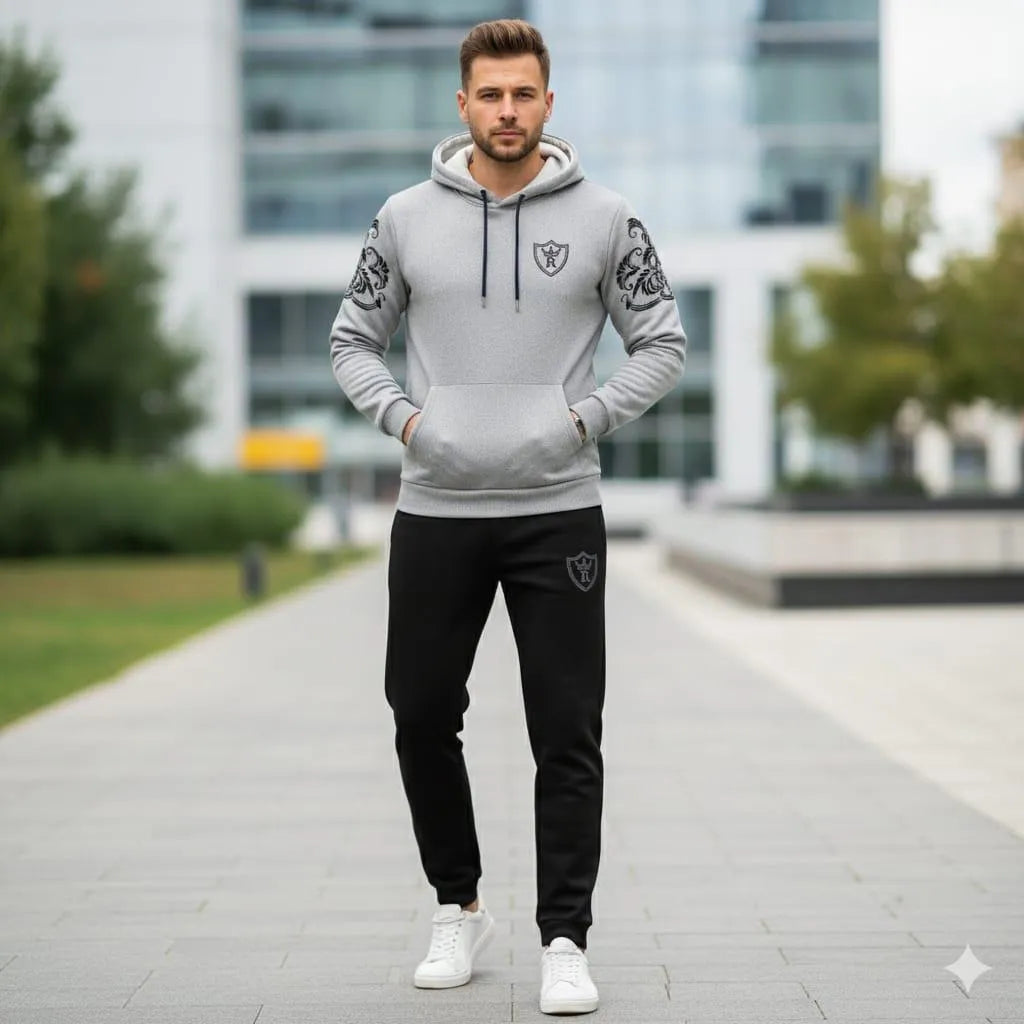 Royal Crest Grey and Black Printed Hoodie Track Suit