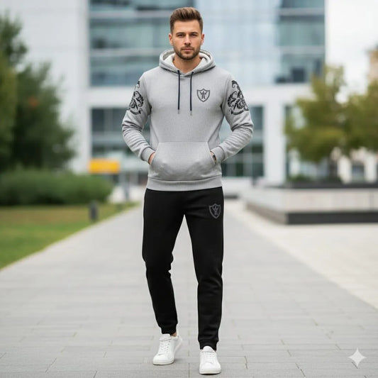 Royal Crest Grey and Black Printed Hoodie Track Suit