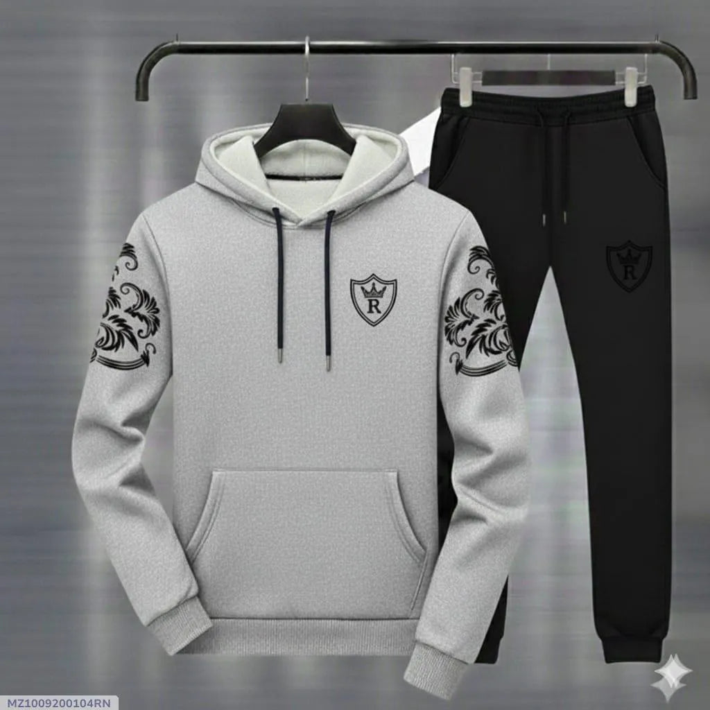 Royal Crest Grey and Black Printed Hoodie Track Suit