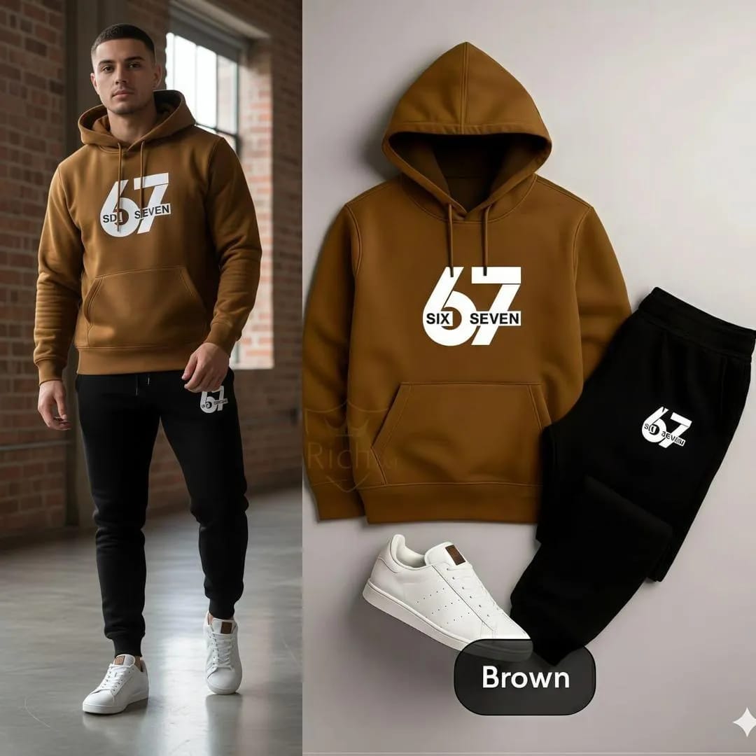 67 Contrast Brown Fleece Printed Hoodie Track Suit